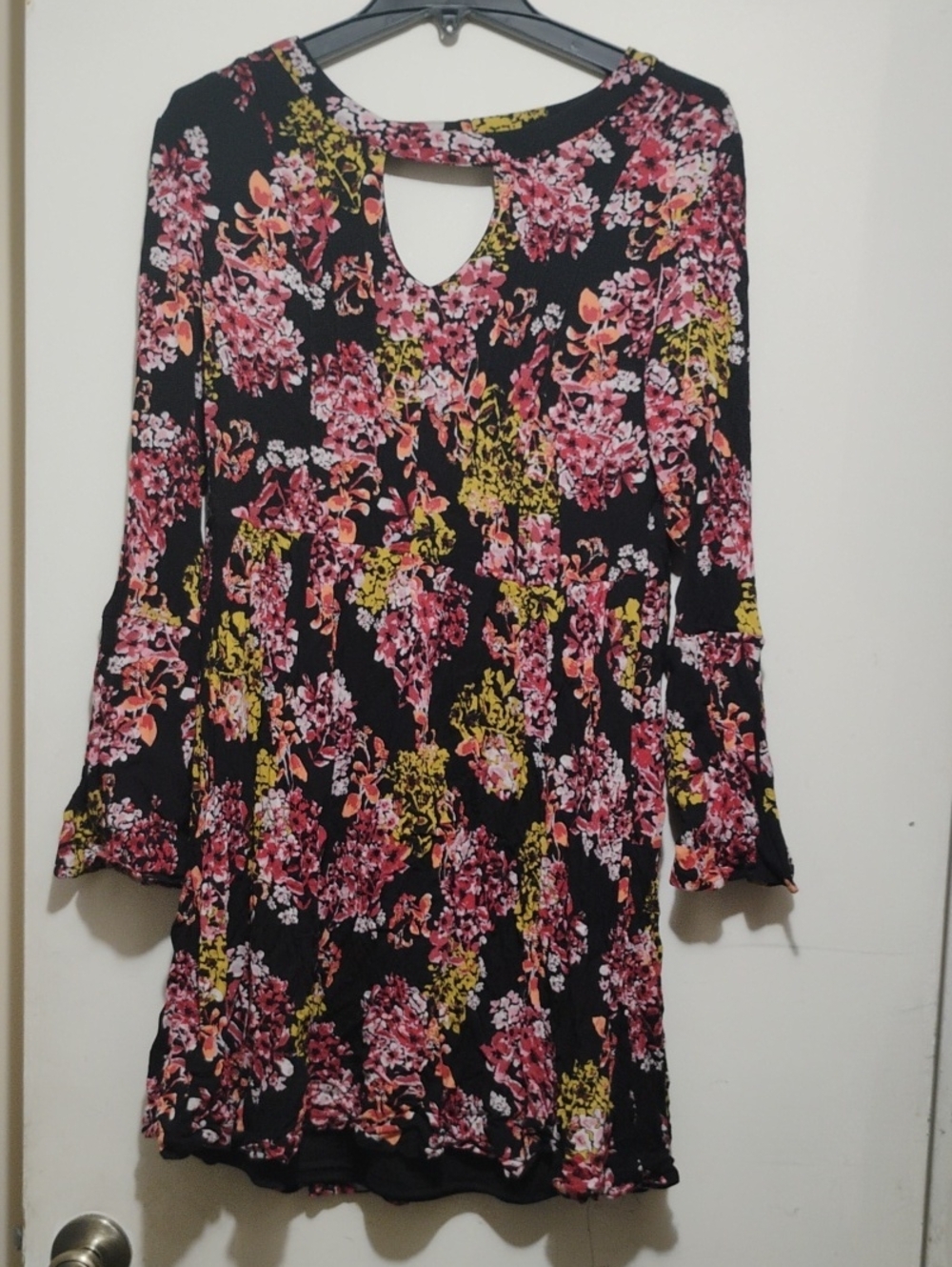 Nina Leonard Black Floral Keyhole Long-Sleeve Dress with Pink & Yellow Blooms